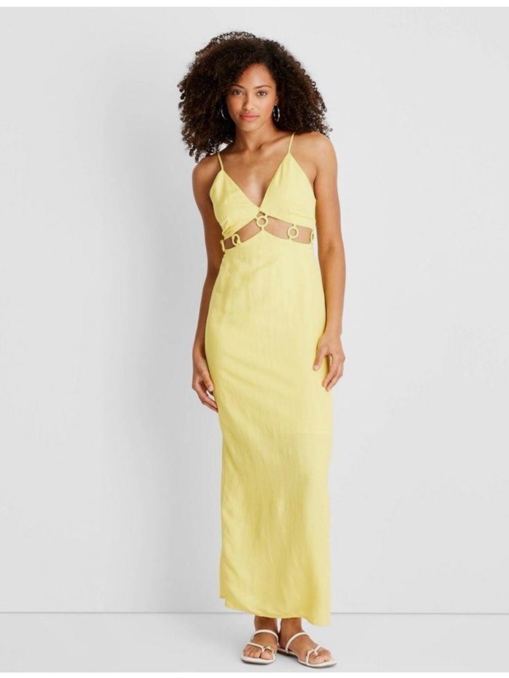 NWT Future Collective Jenee Naylor Yellow Linen Maxi Dress Cutout Women’s US 2